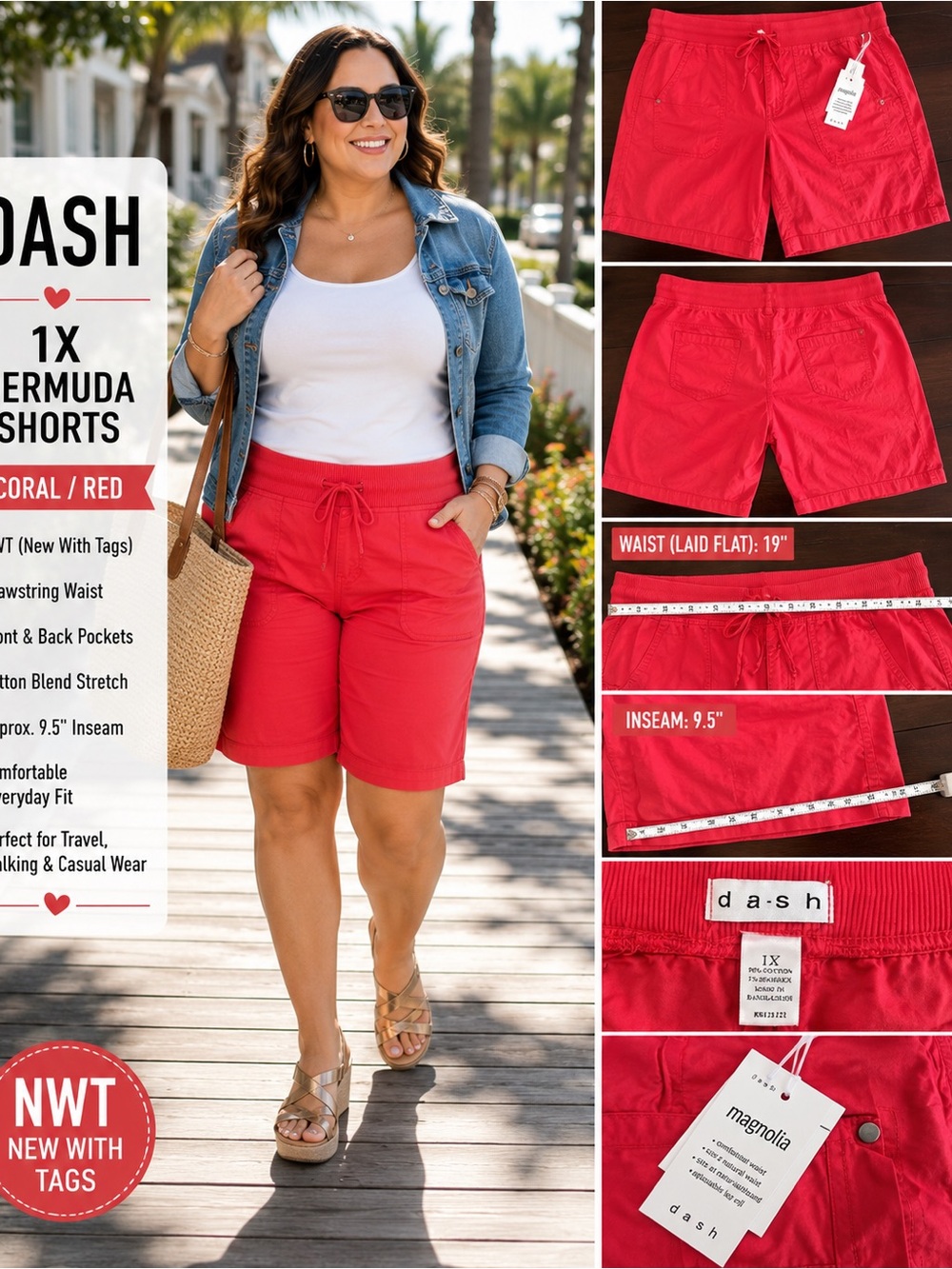NWT DASH Coral/Red Bermuda Shorts with Drawstring Waist - 1X
